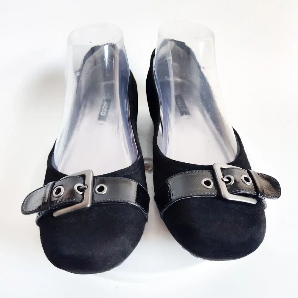 Ecco Flats Size 6 - 6.5 / 37 Suede Patent Leather Belt Buckle Black Comfort Shoe